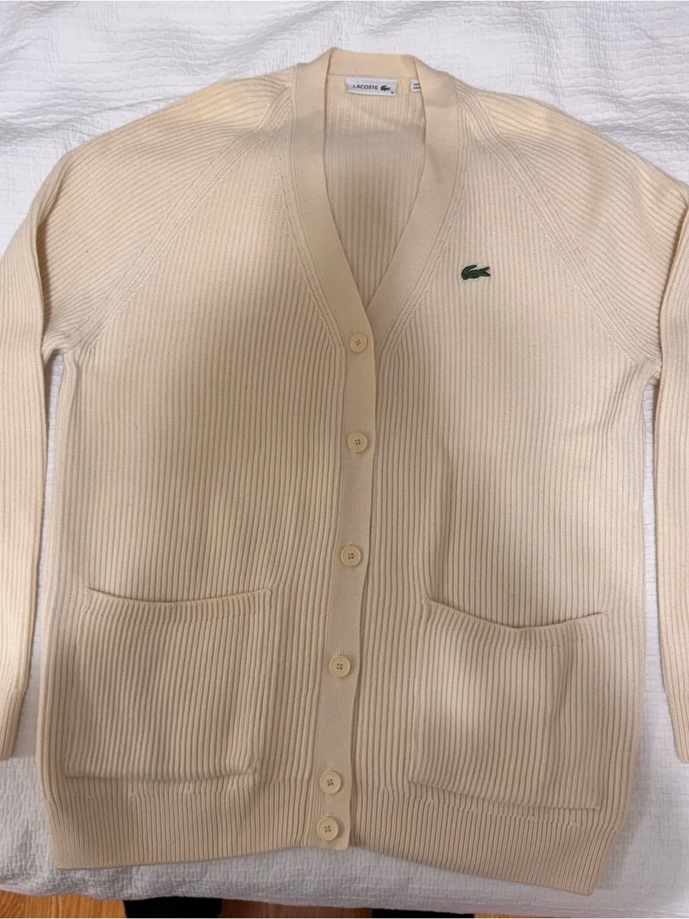 Lacoste Cream Ribbed V-Neck Cardigan,size M, oversized - Picture 3 of 9